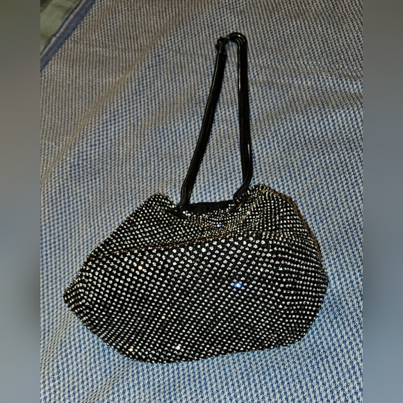 Black & Silver Mini Bucket Bag Crossbody Cinch w/Diamond Encrusted Detail - Picture 5 of 7